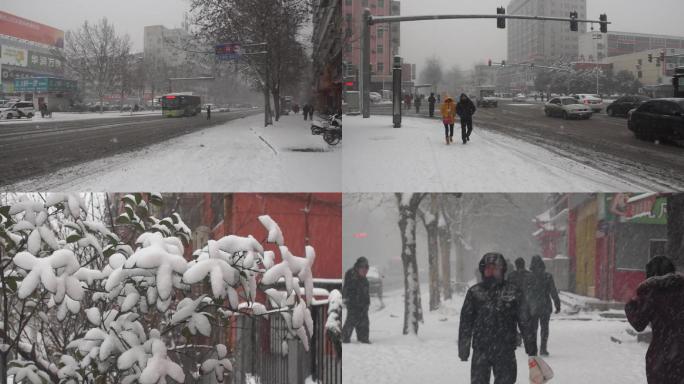 鹅毛大雪中路上车辆行人