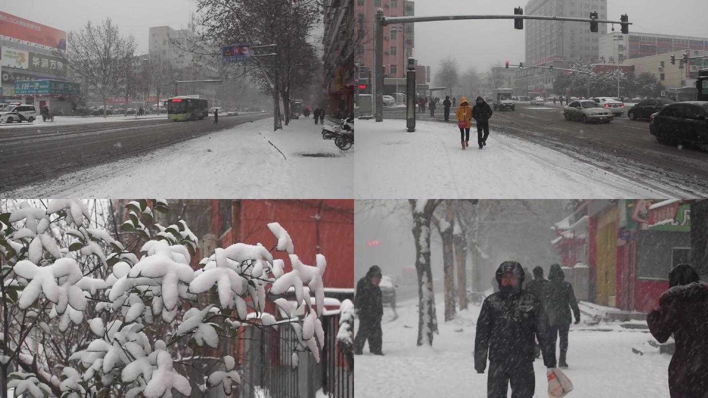 鹅毛大雪中路上车辆行人