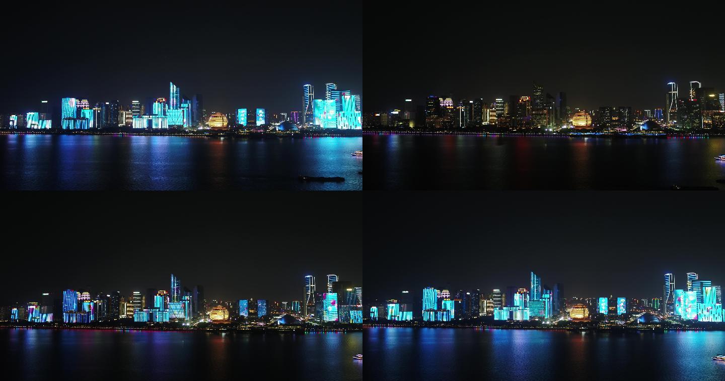 杭州大金球航拍夜景钱塘市民中心江