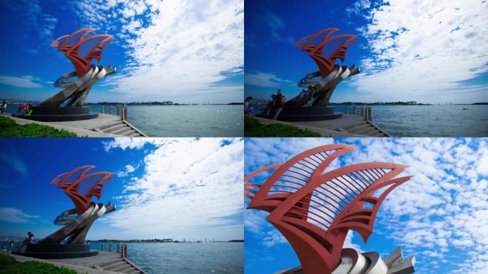日照海边风帆雕塑延时摄影