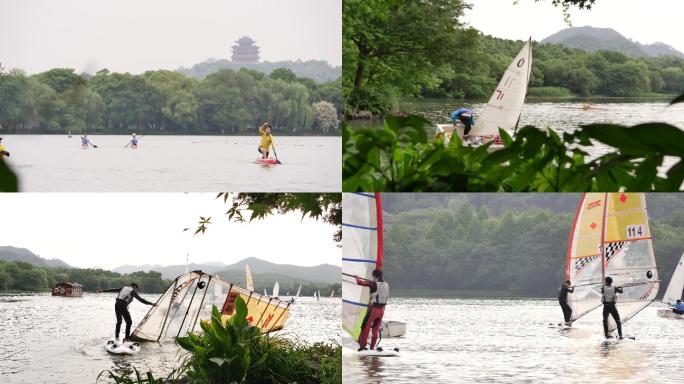 杭州西湖风光水上运动帆船皮划艇