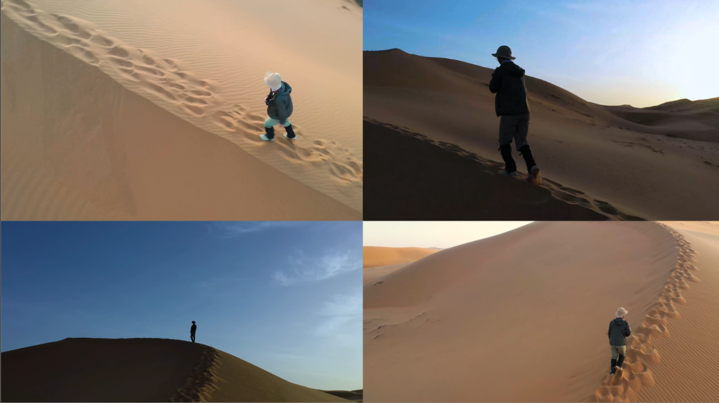 行走在沙漠绿洲沙漠落日阿拉善盟腾格里沙漠