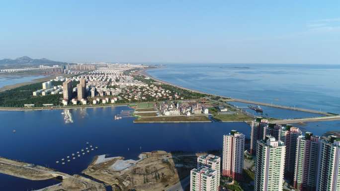 沿海大海城市风景乳山银滩海岸线航拍