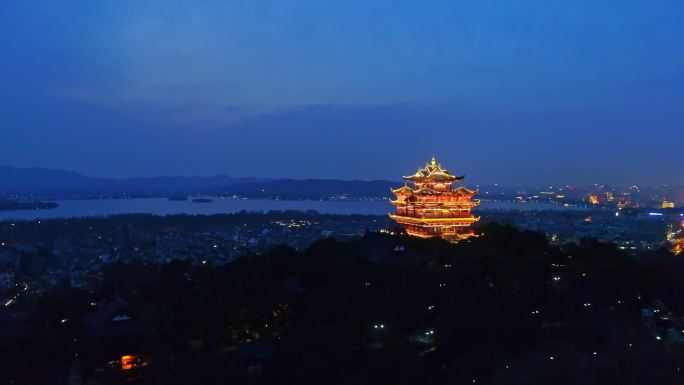 杭州西湖城隍阁夜景航拍4K（内含5组素材