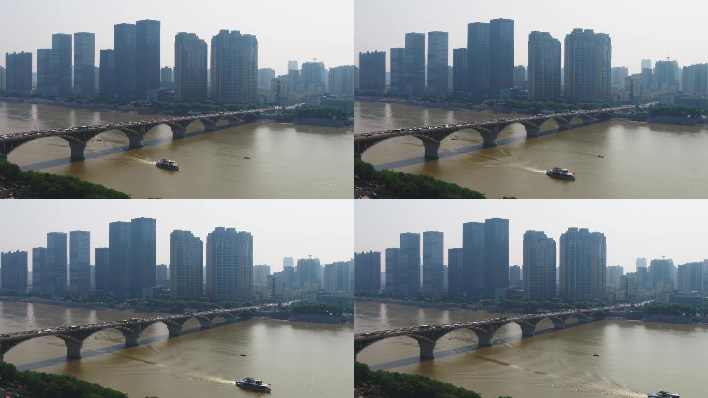 4K航拍长沙湘江一桥和邮轮
