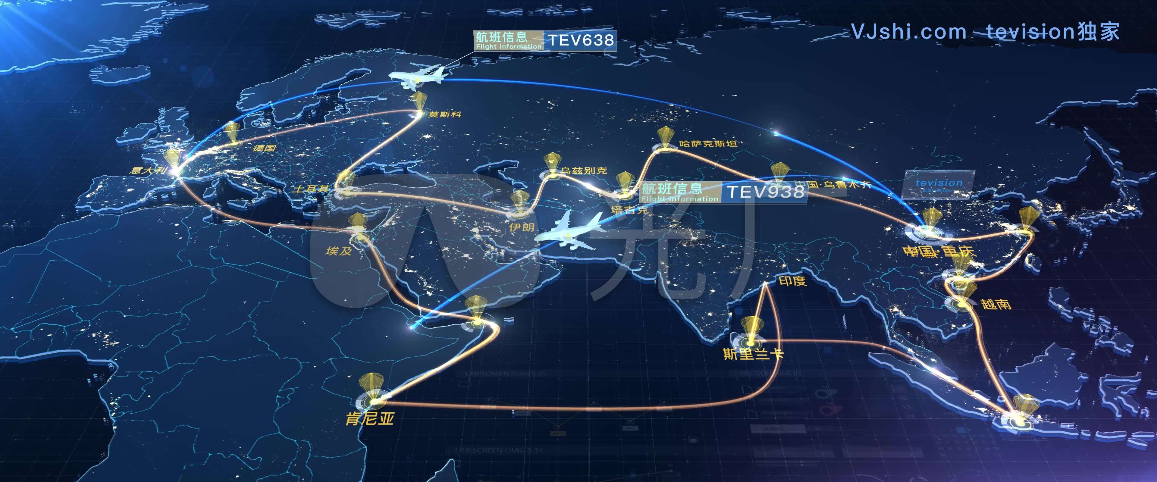4K飞机航线一带一路地图科技感地图区位图_AE模板下载(编号:3548935)_AE模板