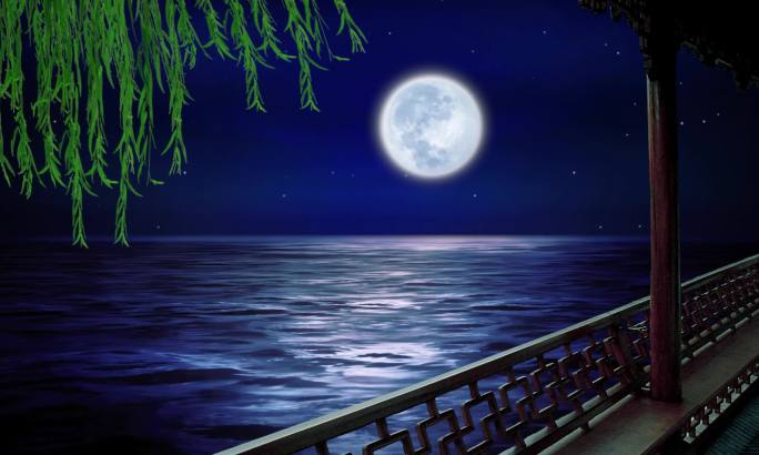 月夜月光海面船清风拂柳窗外凉