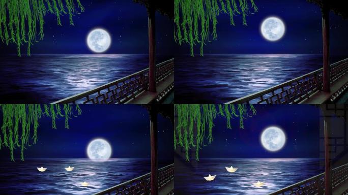 月夜月光海面船清风拂柳窗外凉