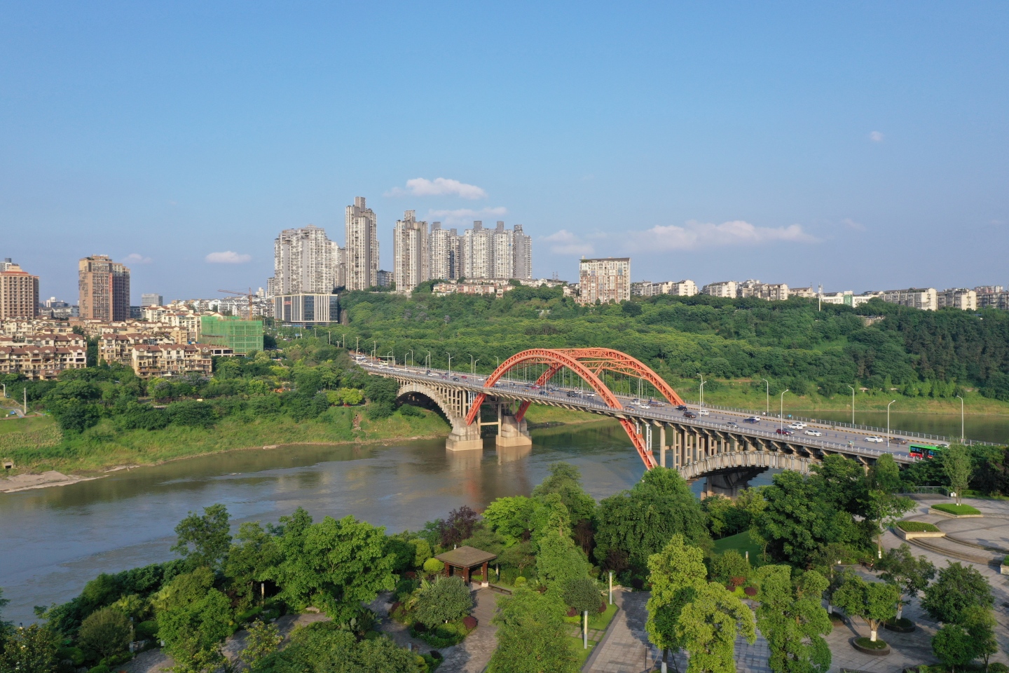 航拍泸州沱江三桥和城北城市大景