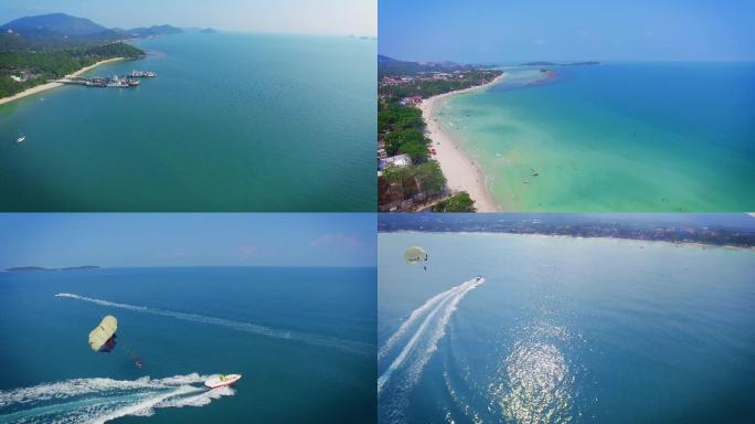 大海沙滩海岛滑翔伞4K航拍