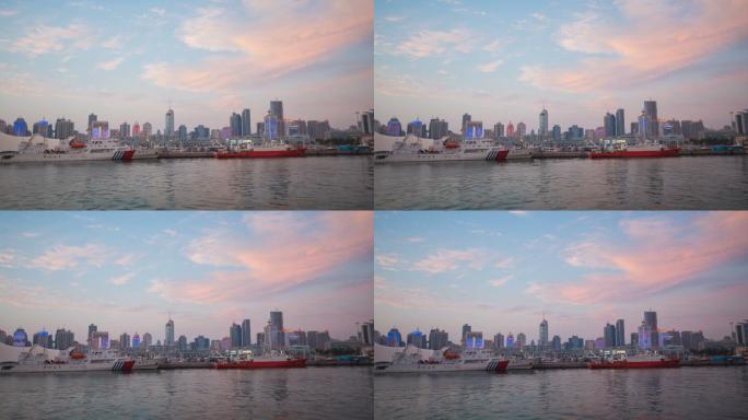 2K夕阳下的青岛海边轮船延时摄影
