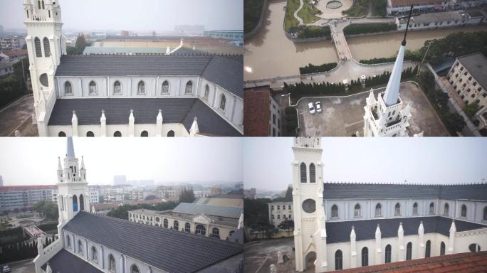 教堂航拍上海郊区城市