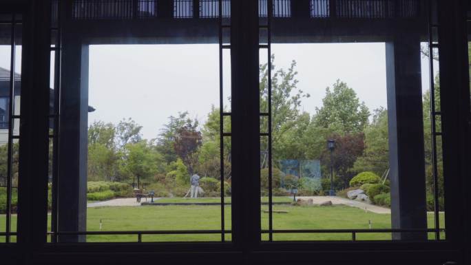 4K窗户窗外风光中式庭院窗外花园窗外风景