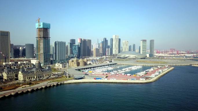 航拍大连东港港口城市海岸城市楼群