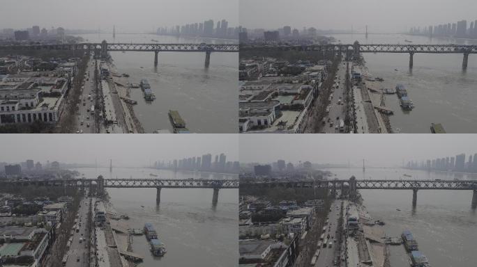 航拍4k武汉武昌中华路码头长江大桥