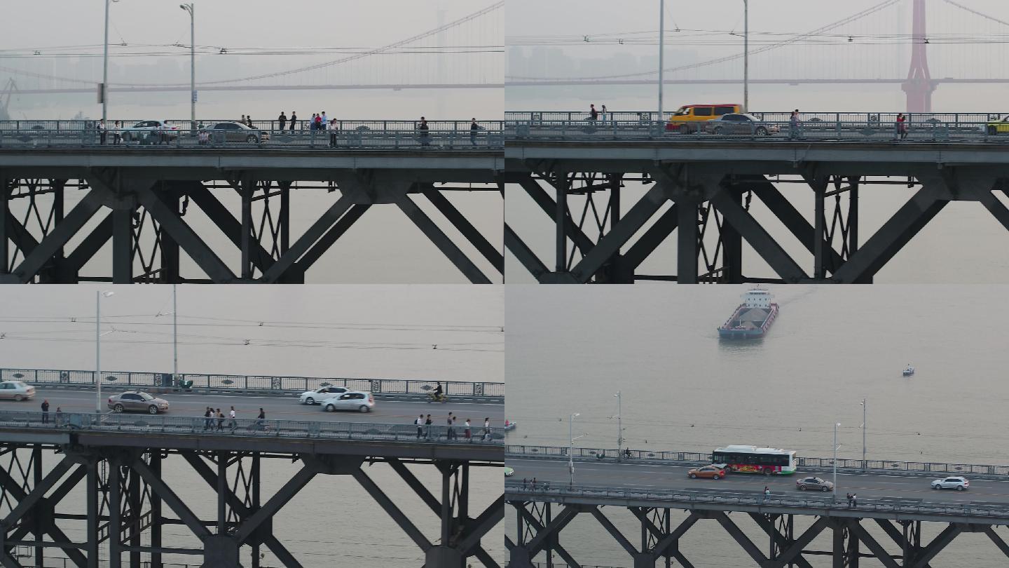 长焦侧面航拍武汉长江大桥追车镜头