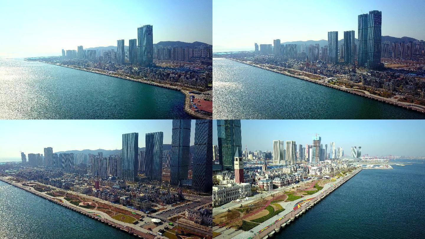 航拍大连东港港口城市海岸城市楼群