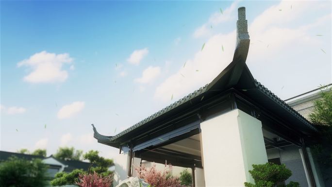 中式古风建筑屋顶特写树叶飘落三维3D