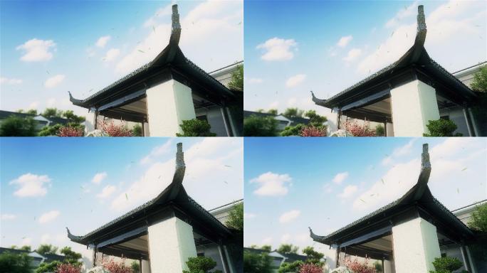 中式古风建筑屋顶特写树叶飘落三维3D