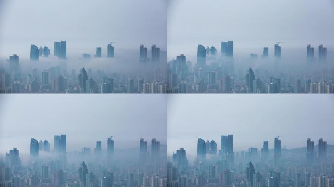 青岛平流雾城市云海云层高楼大厦延时摄影