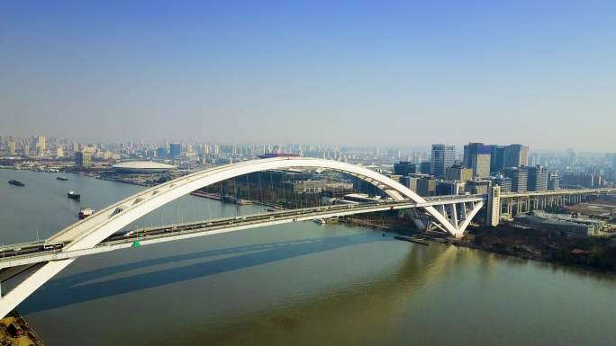 4K航拍上海卢浦大桥车流世博会中国馆