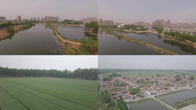 京杭运河旁村庄麦田log航拍