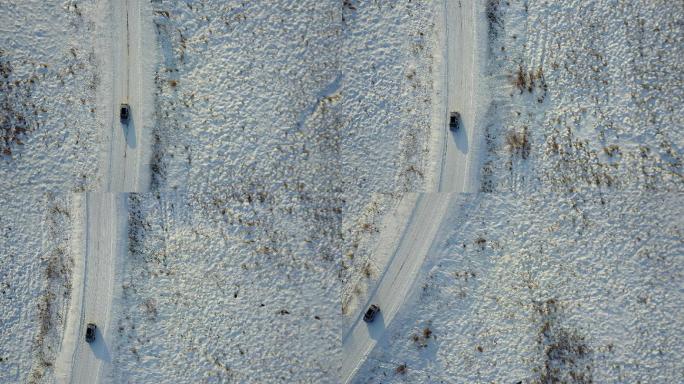 4K航拍越野车在内蒙冬季冰雪路面上行驶