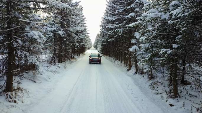 4k航拍越野车在冬季的长白山行驶