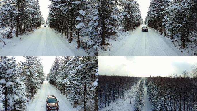 4k航拍越野车在冬季的长白山行驶