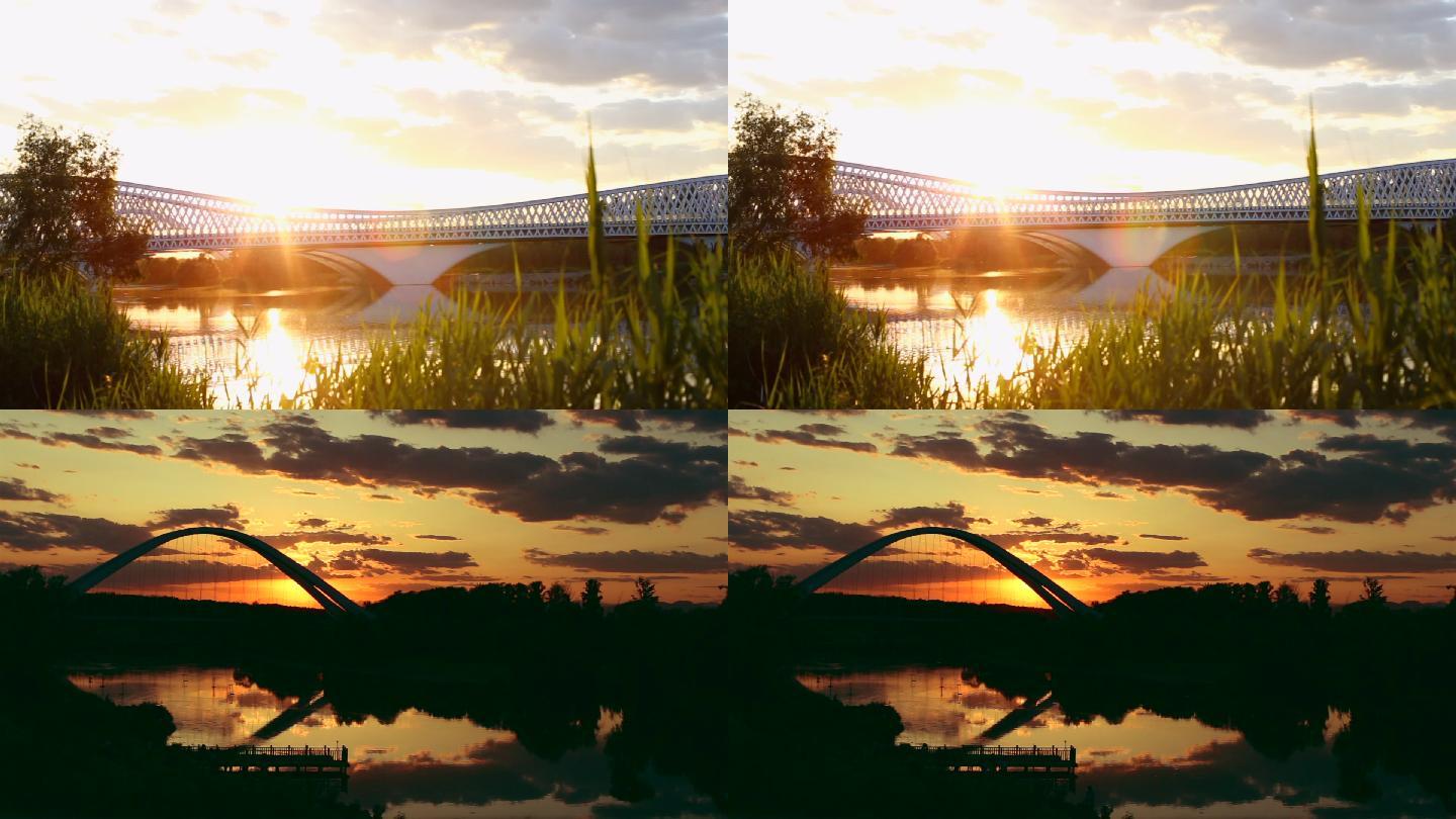 大桥夕阳夕阳西下科幻之城晚霞河流