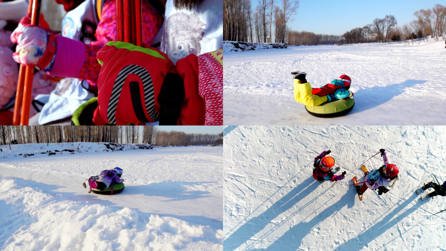 孩子滑雪玩雪圈慢速和航拍