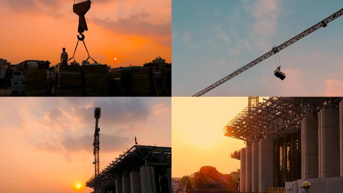 中国建设视频夕阳下的建筑工地塔吊吊臂
