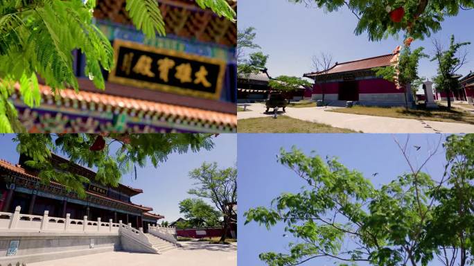 寺院大雄宝殿和平鸽飞过寺院