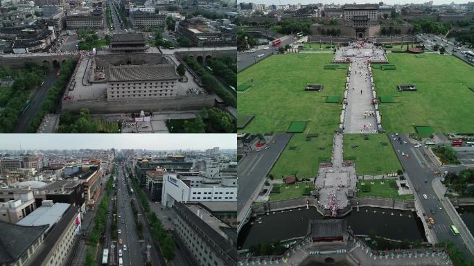 航拍西安古城墙南门瓮城和南大街城市风光