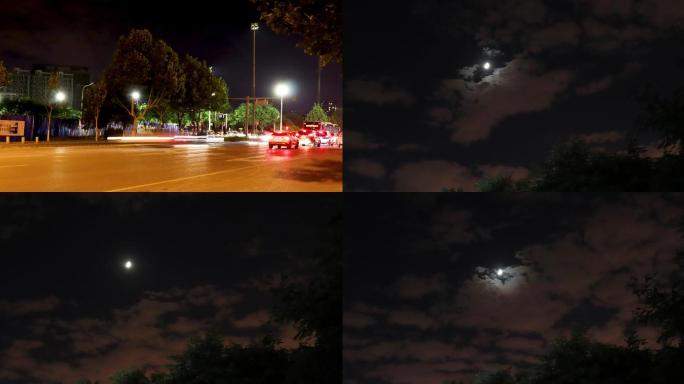 4K北京夜景夜空夜色街道车流月亮飘云延时