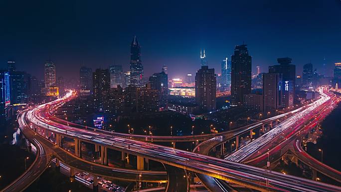 上海延安路夜景高架车流延时