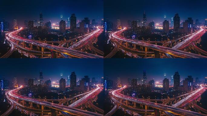 上海延安路夜景高架车流延时