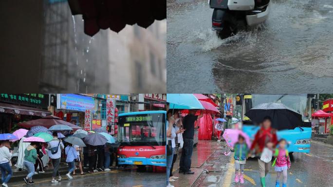 下雨拥堵忙碌的街道上班族打伞挤公交