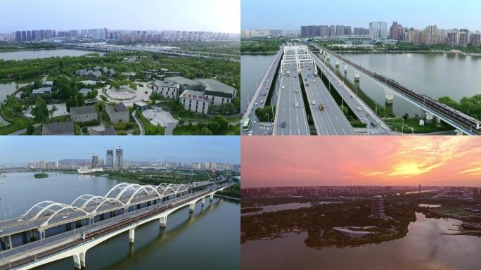 西安浐灞世园会灞河大桥地铁4K画质航拍