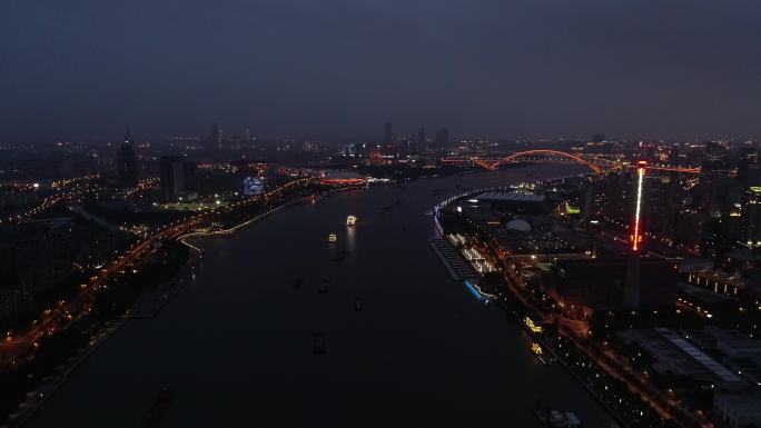 上海黄浦江滨江后滩两岸航拍黄昏夜景4K