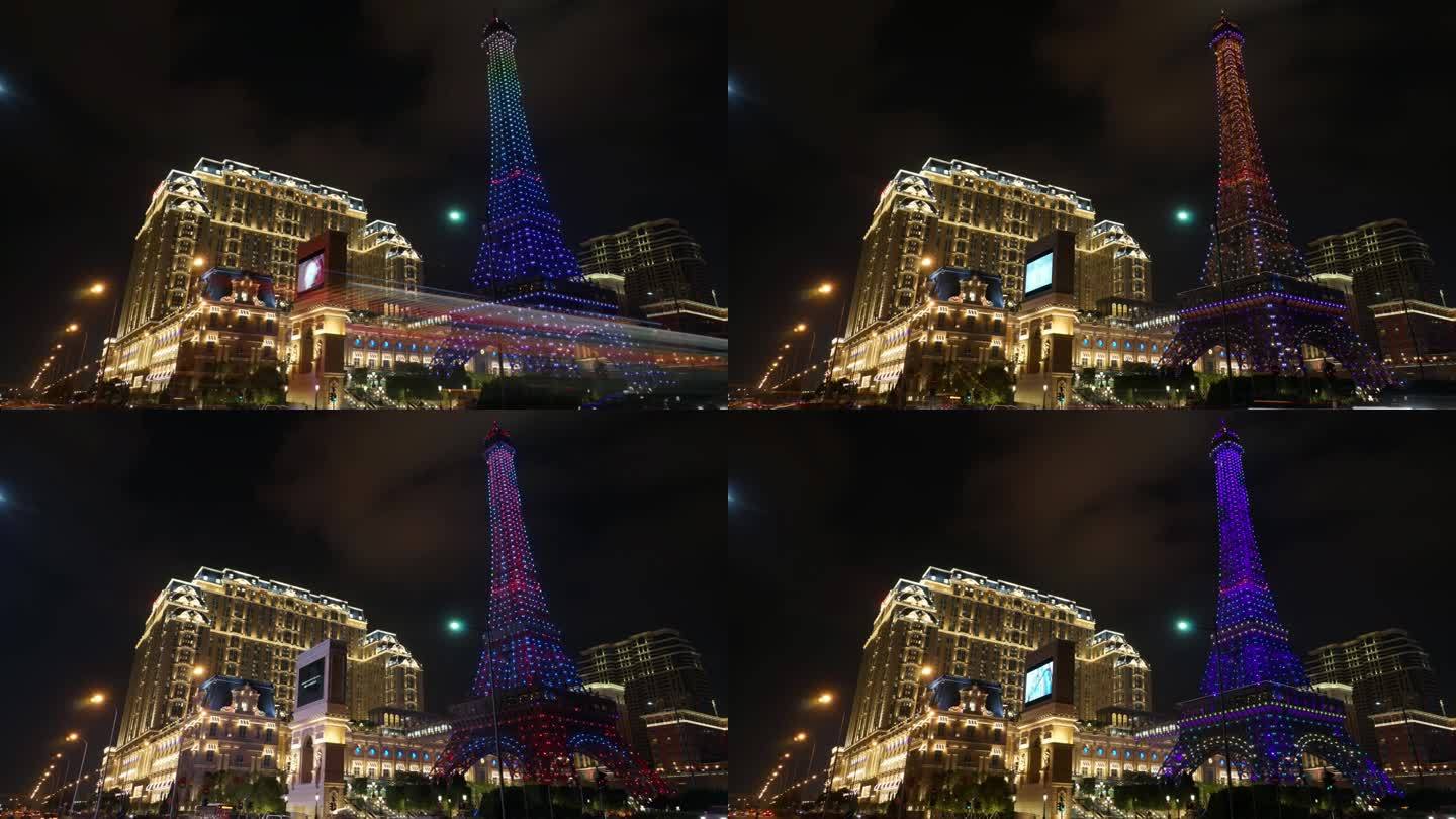 4K 澳门街景夜景巴黎人酒店 延时 视频