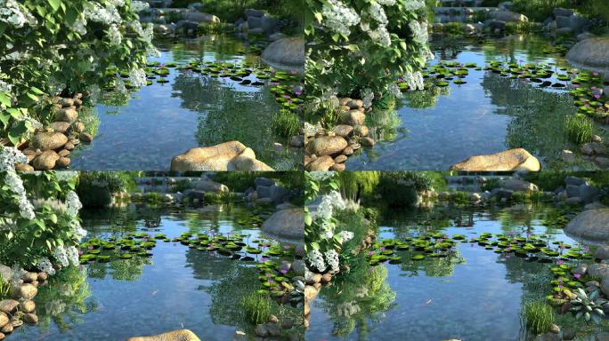 池塘水系景观小品三维动画