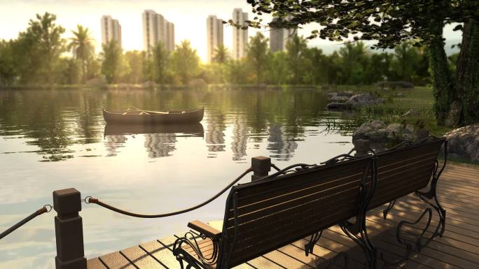湖边公园河岸长椅三维动画