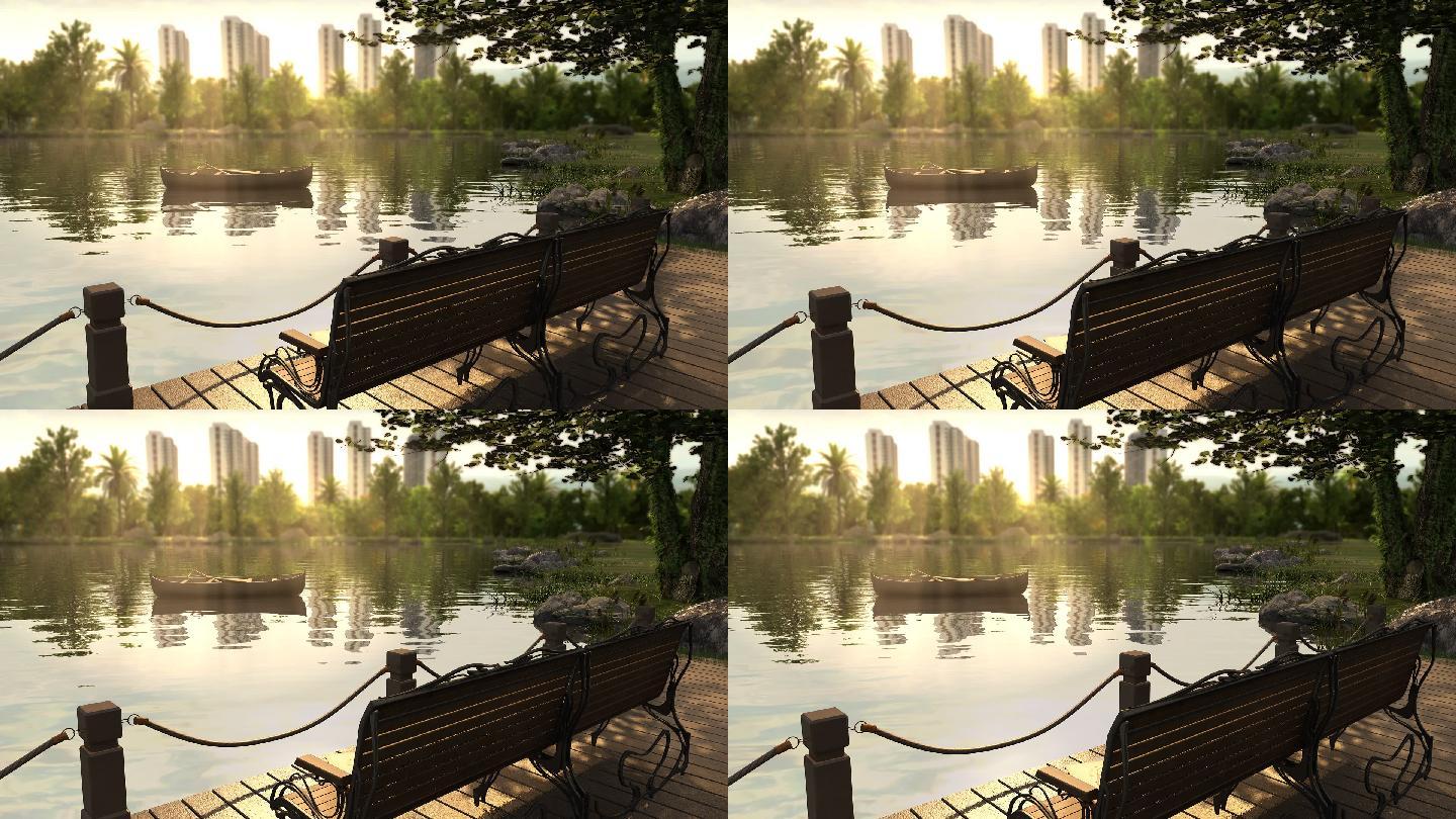 湖边公园河岸长椅三维动画