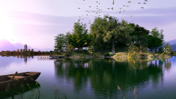 森林公园湿地公园湖景三维飞鸟