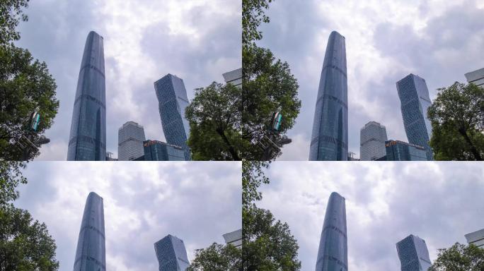 广州夏天珠江新城CBD仰视西塔与蓝天白云