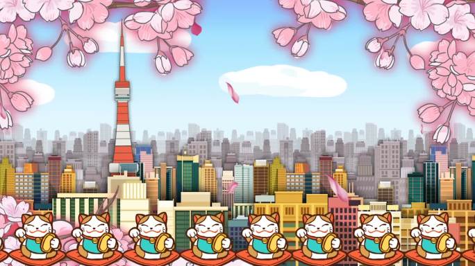 日本东京塔招财猫卡通城市视频