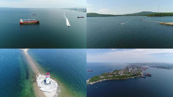 航拍俄罗斯海参崴灯塔七月与安生