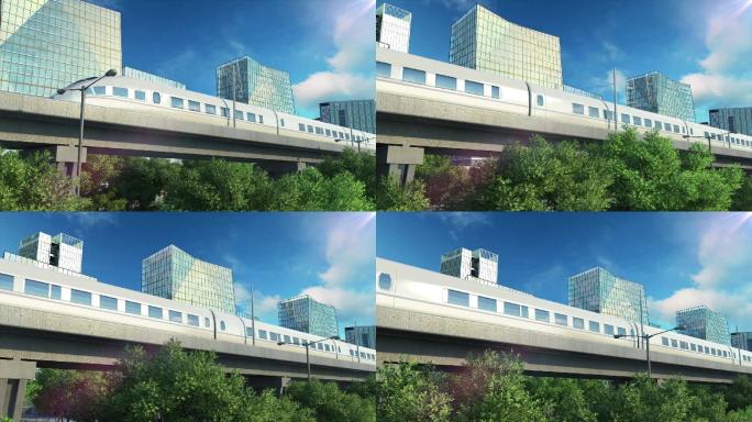 三维建筑动画-高铁动车火车穿过城市