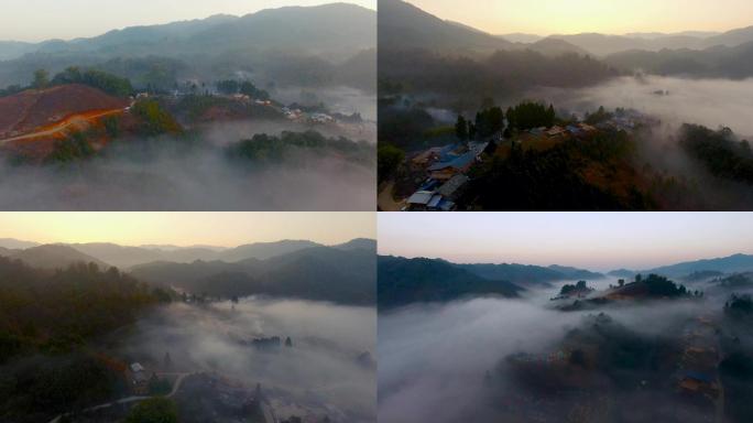 民族山乡视频黎明前云雾笼罩傈僳族山寨